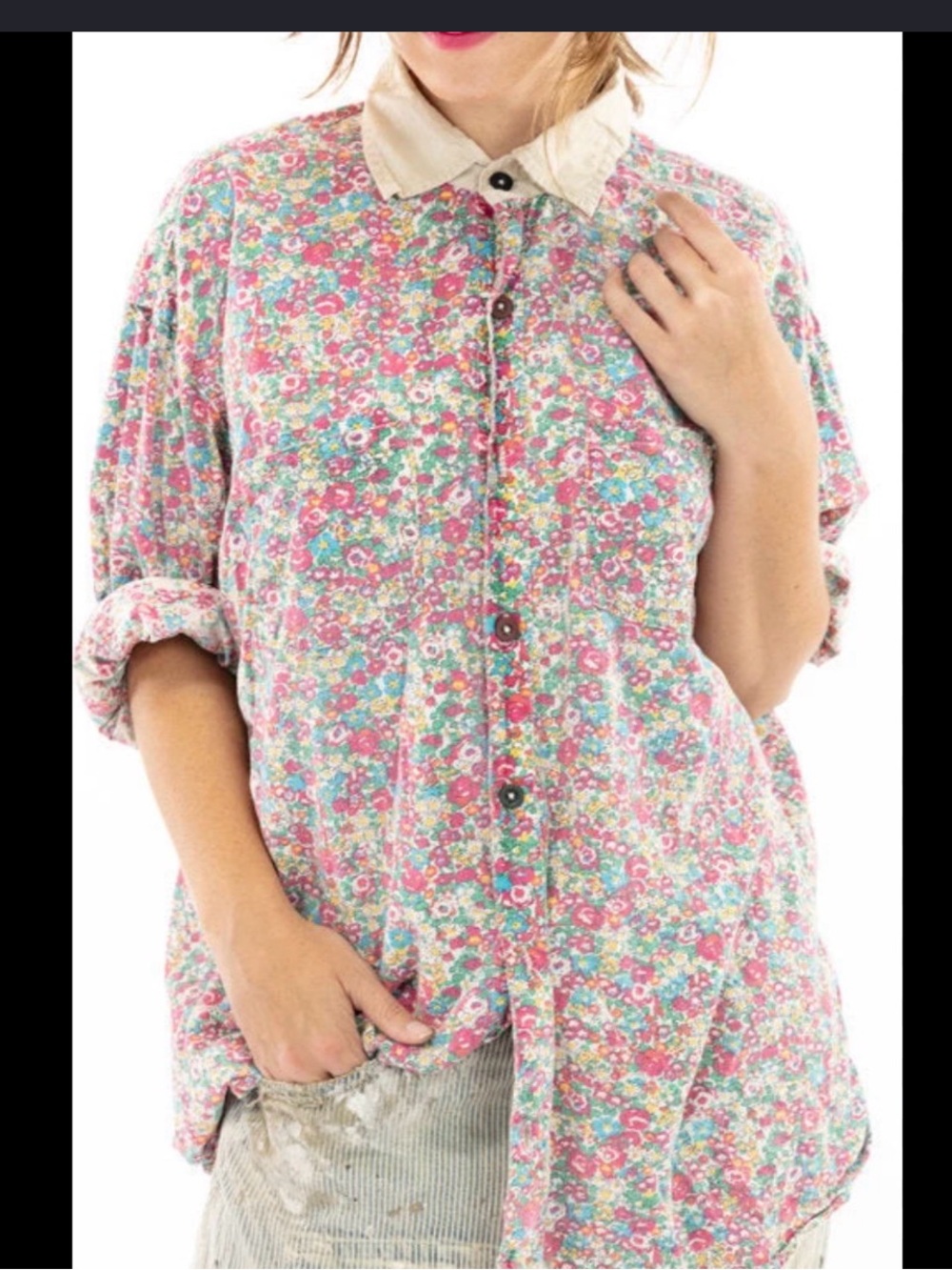 Magnolia Pearl Multicolor Floral Button-Up Shirt with Cream Collar